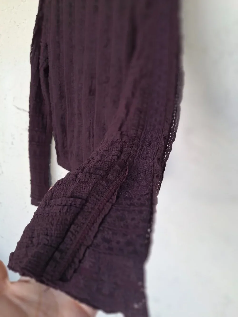 nwt Free People Plum Lace Wrap Back Top Long Sleeve Bell Cuff Knit Medium